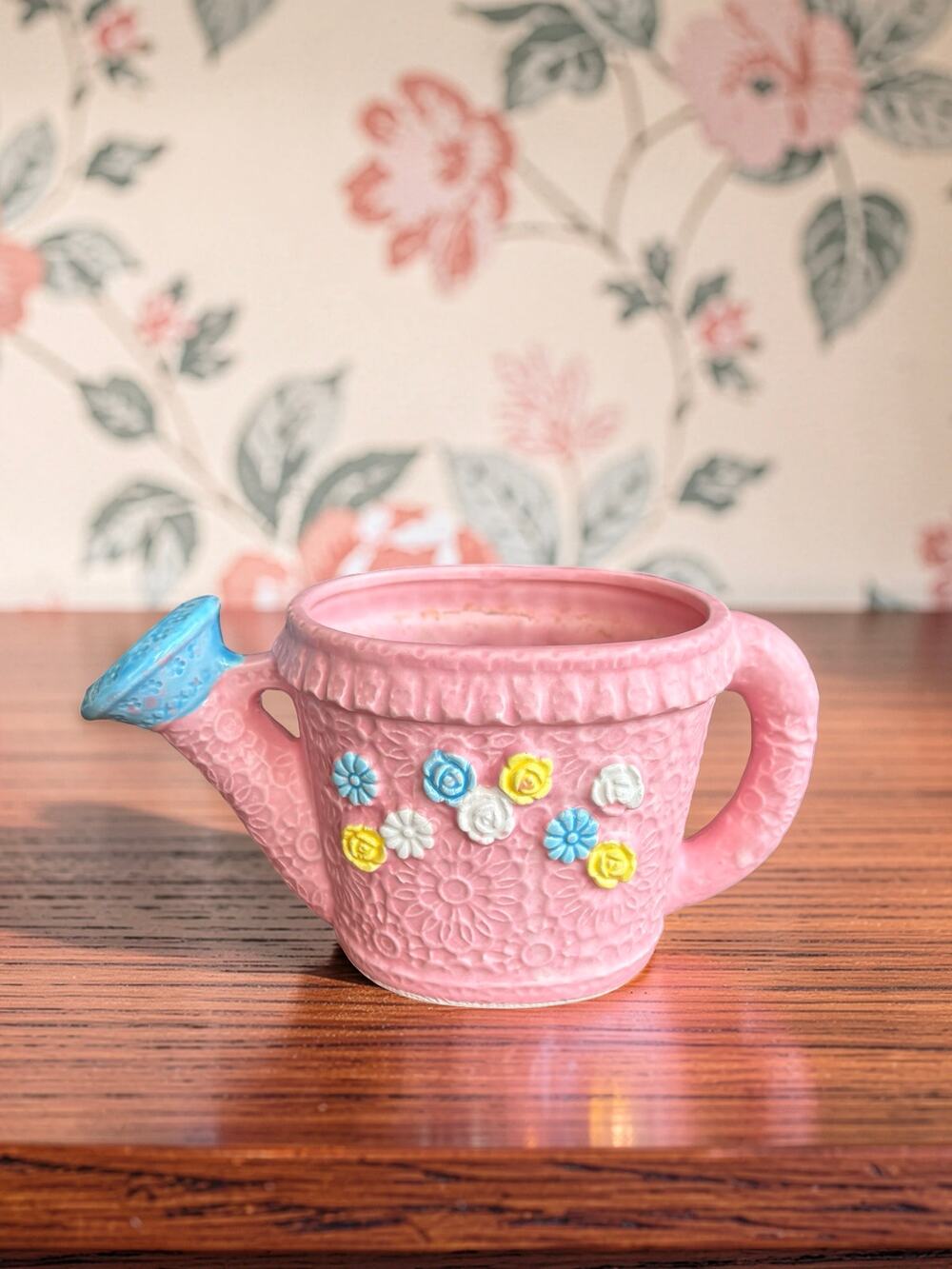 Vintage Japan Pink Ceramic Watering Can Planter Applied Flowers C-2657 Cottage